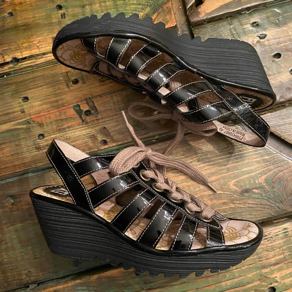 FLY London Multi-strap Lace Up Wedge Black Patent Yito Sandals - Picture 8 of 11